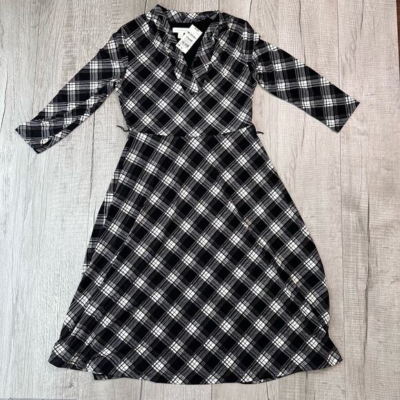 Charter Club Black/White Check Plaid V-Neck Dress Deep Black WMNS S Fit & Flare - Picture 5 of 8